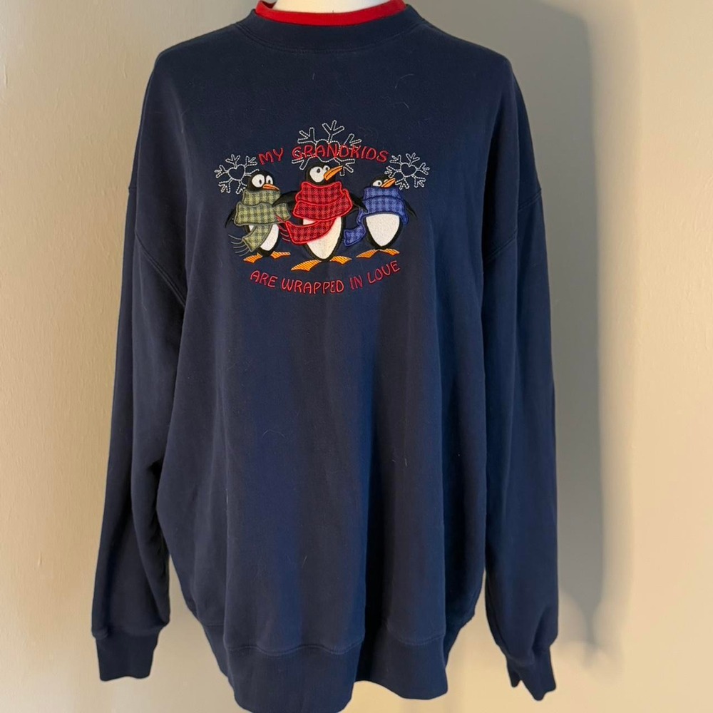 Vintage M&C Sportswear Navy Blue Penguin Grandkids Christmas Sweatshirt XL
